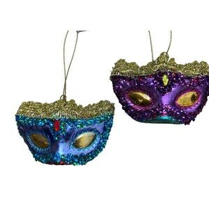 Midwest-CBK Mardi Gras Face Mask Glass Ornaments Set of 2 nwt